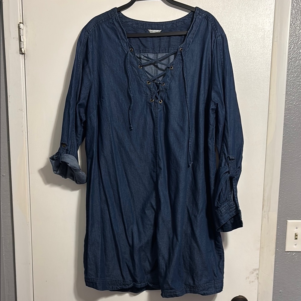 Blue Lace-Up Denim Dress